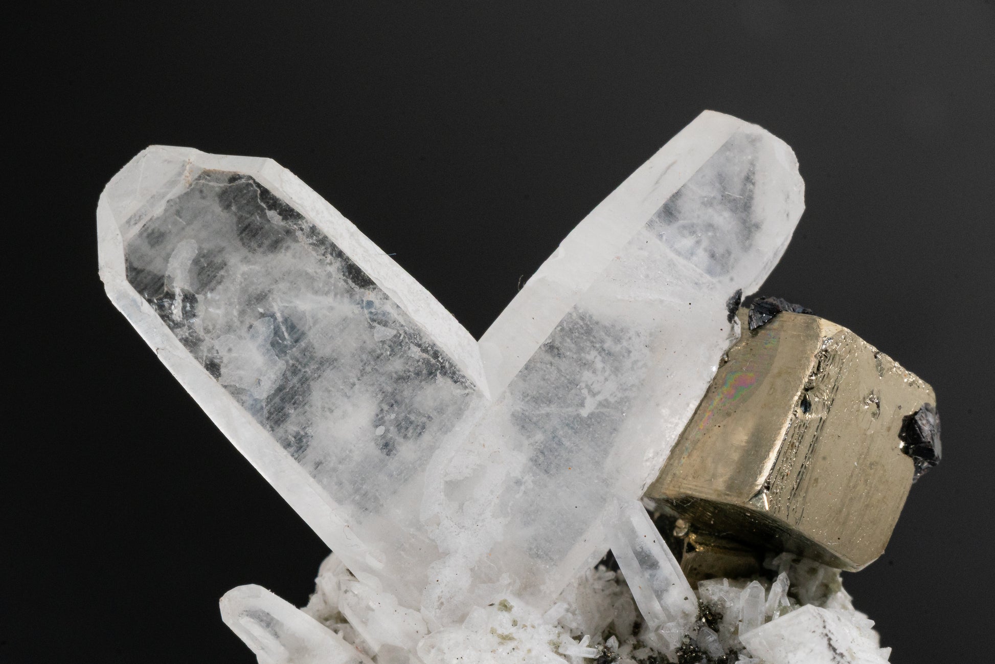 Pyrite, Japan Law Quartz Twins, Sphalerite on Pyrite