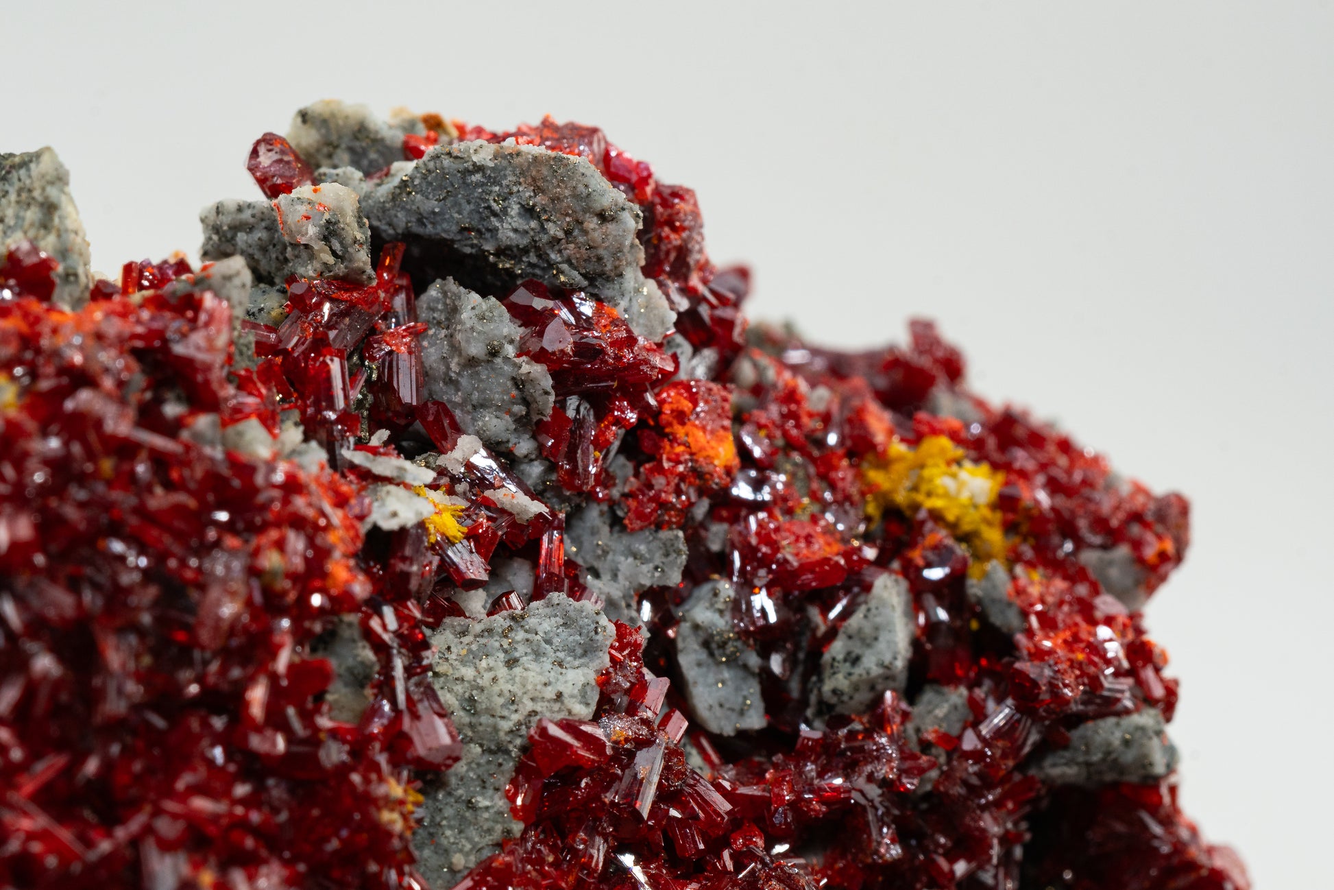 Orpiment, Realgar, Barite, Quartz w/ Pyrite - Quiruvilca Mine, Peru