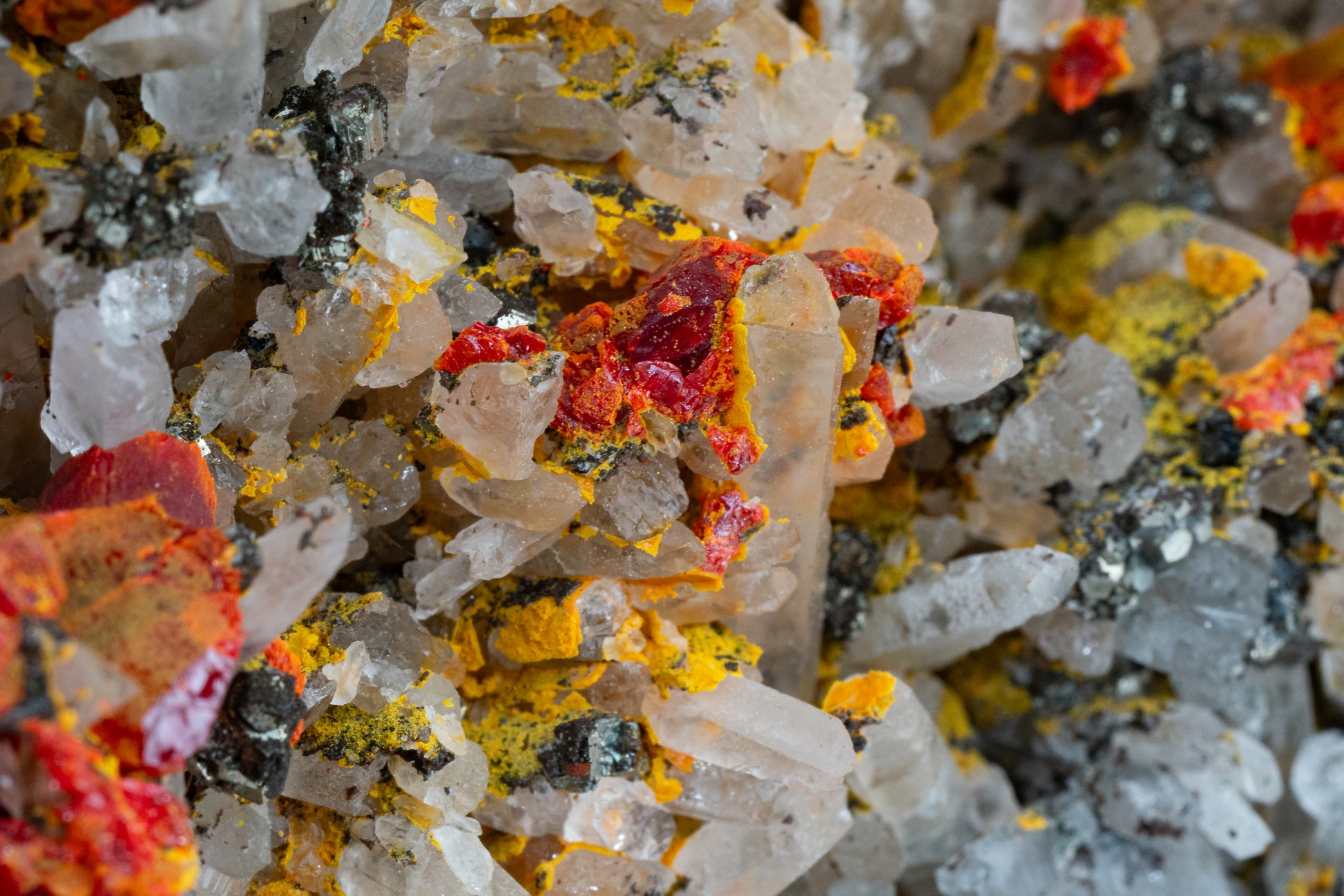 Orpiment, Realgar, Quartz, Galena, Pyrite - Quiruvilca Mine, Peru