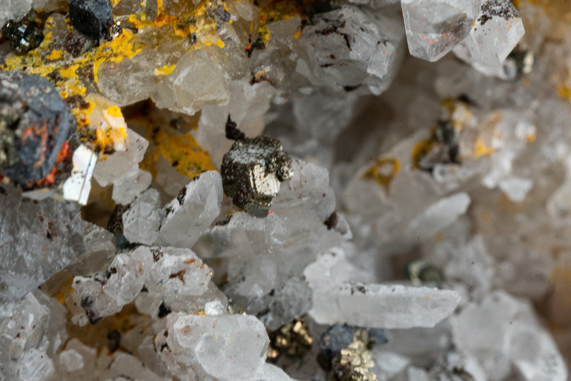 Orpiment, Realgar, Quartz, Galena, Pyrite - Quiruvilca Mine, Peru