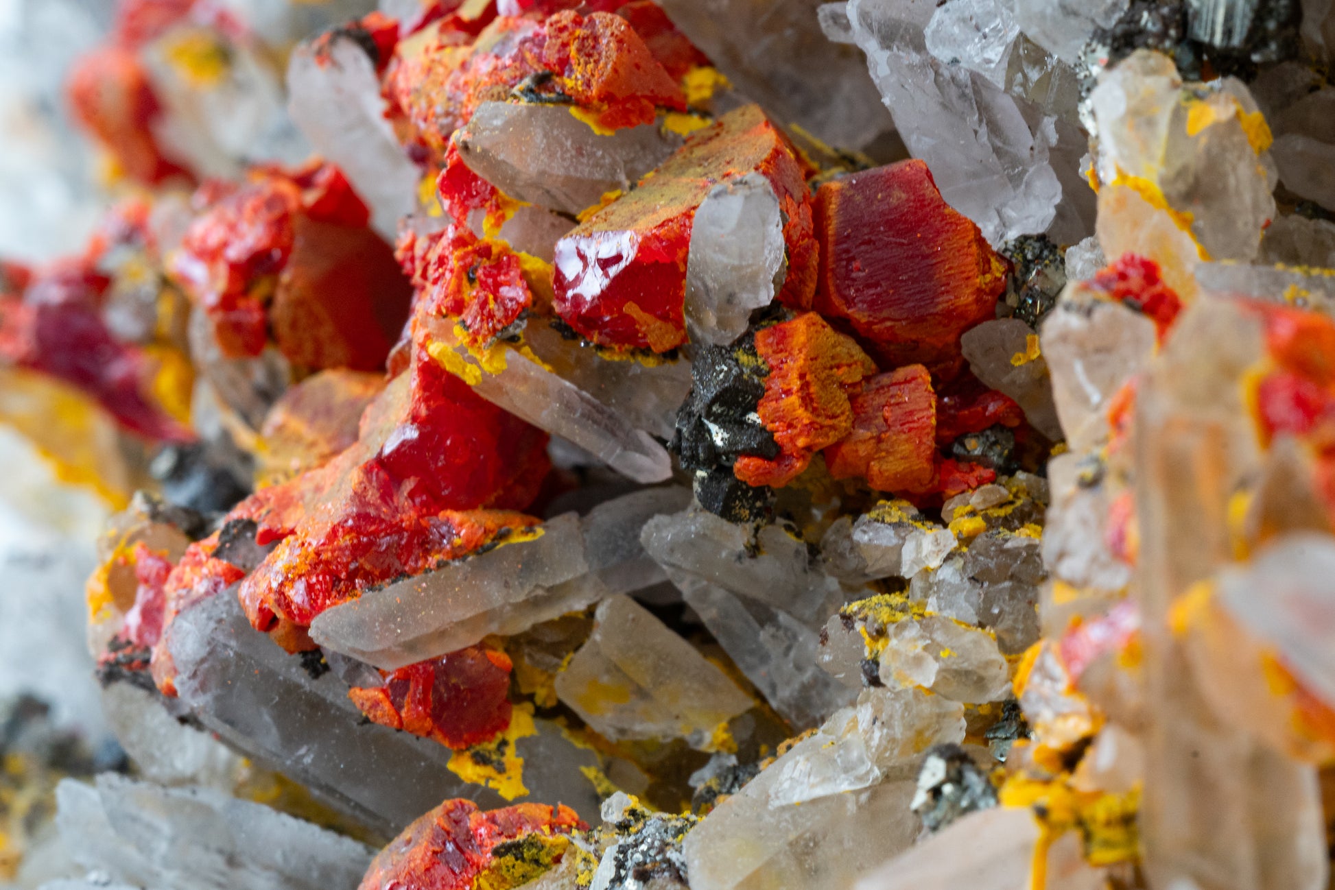 Orpiment, Realgar, Quartz, Galena, Pyrite - Quiruvilca Mine, Peru