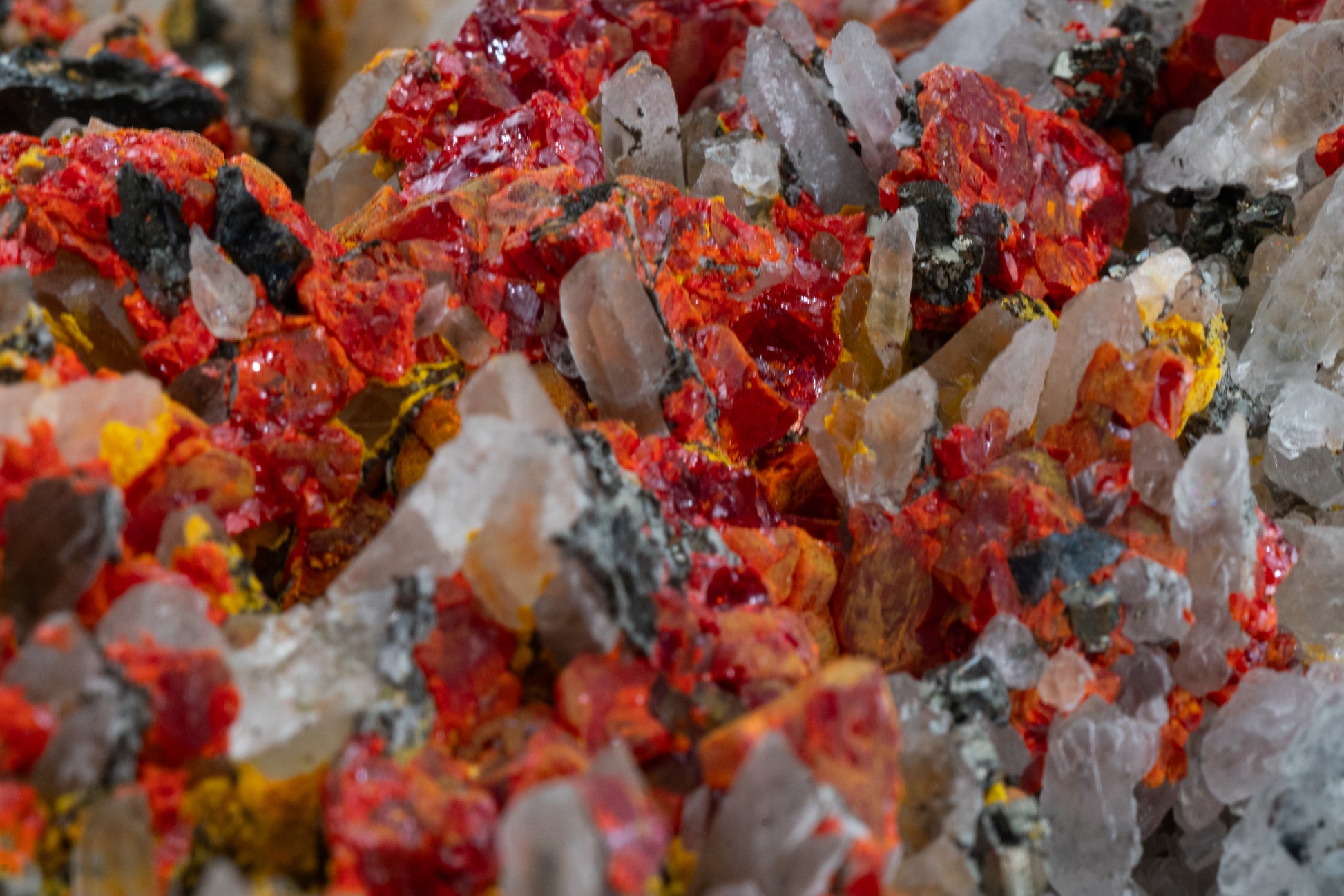 Orpiment, Realgar, Quartz, Galena, Pyrite - Quiruvilca Mine, Peru