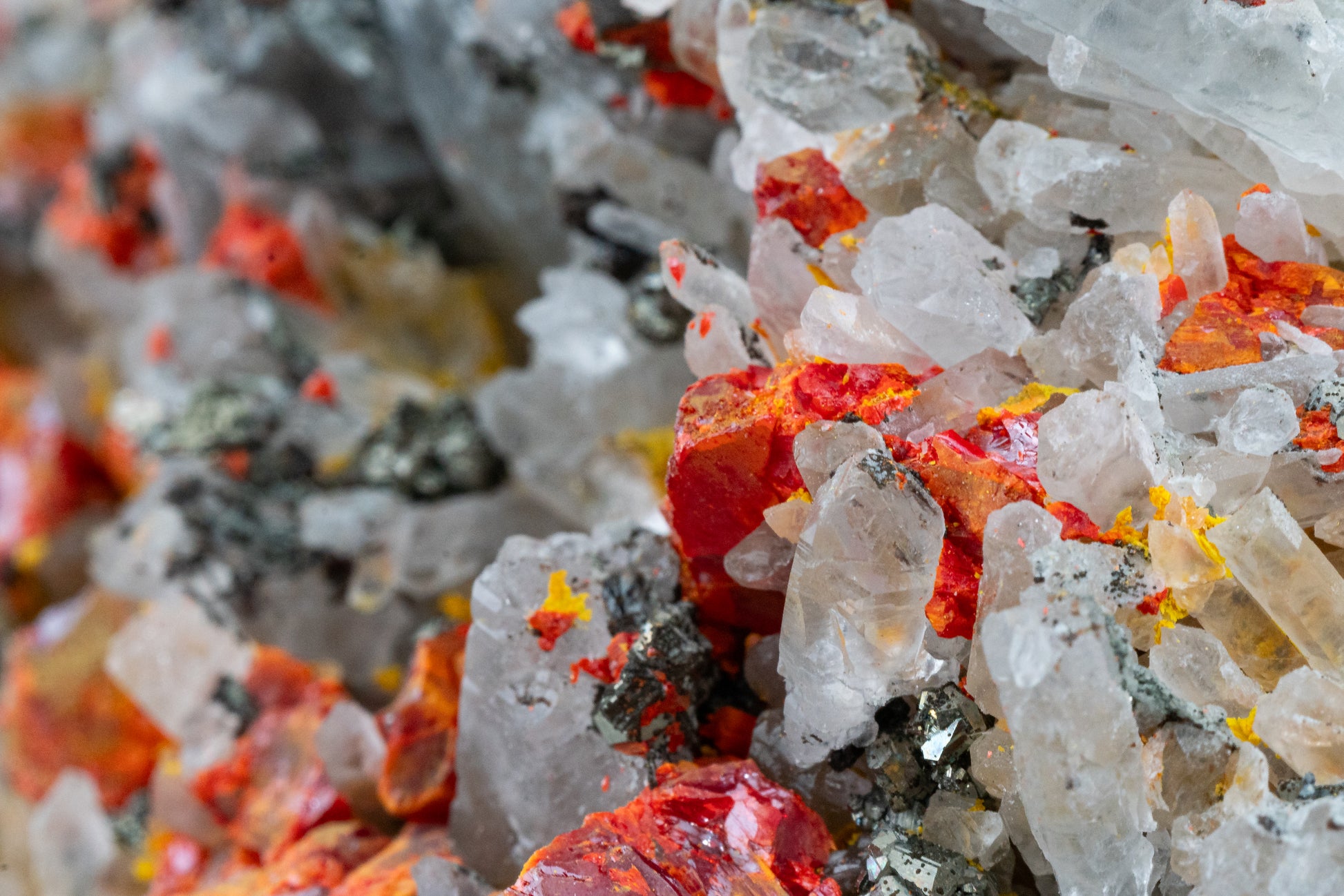 Orpiment, Realgar, Quartz, Galena, Pyrite - Quiruvilca Mine, Peru